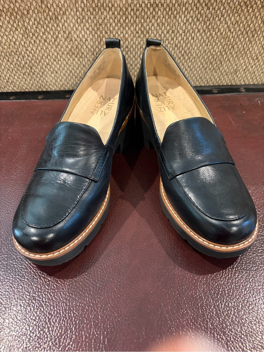 Naturalizer Black Leather Penny Loafers with Tan Welt